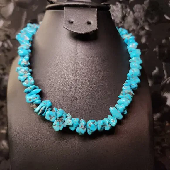 Vintage Morenci Turquoise Necklace Navajo Sterling Silver Beaded Pyrite Matrix - Picture 3 of 12